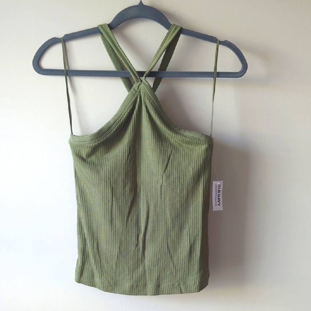 Old Navy Olive Green Ribbed Tank Halter Cross Neck Top NWT Medium